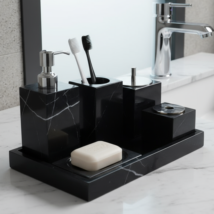 Marble Bathroom Set 6-Piece | Luxury Solid Stone Toiletry Organizer