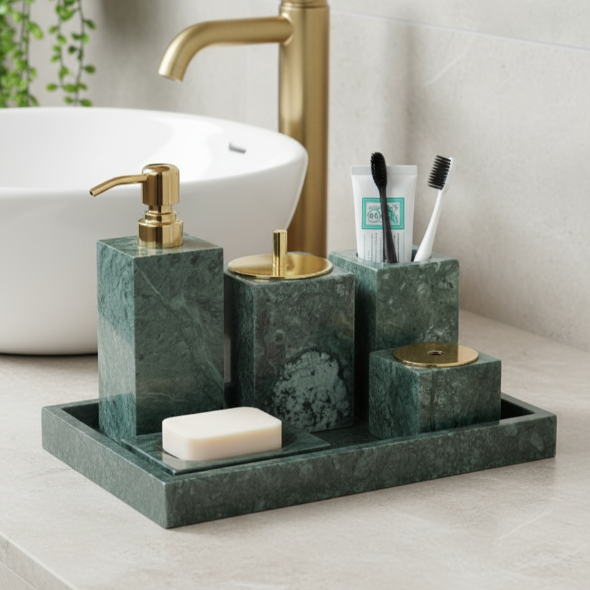 Marble Bathroom Set 6-Piece | Luxury Solid Stone Toiletry Organizer