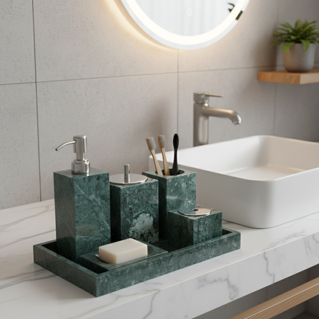 Marble Bathroom Set 6-Piece | Luxury Solid Stone Toiletry Organizer