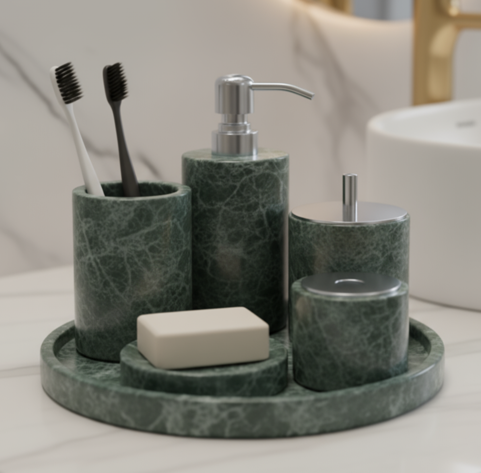 Marble Bathroom Set 6-Piece | Luxury Solid Stone Toiletry Organizer