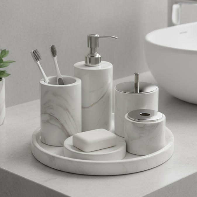 Marble Bathroom Set 6-Piece | Luxury Solid Stone Toiletry Organizer