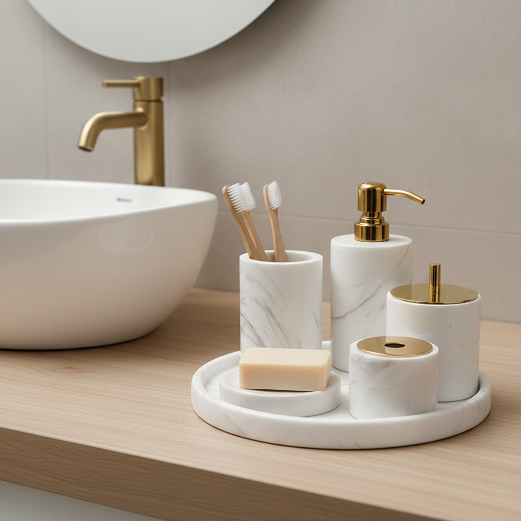 Marble Bathroom Set 6-Piece | Luxury Solid Stone Toiletry Organizer