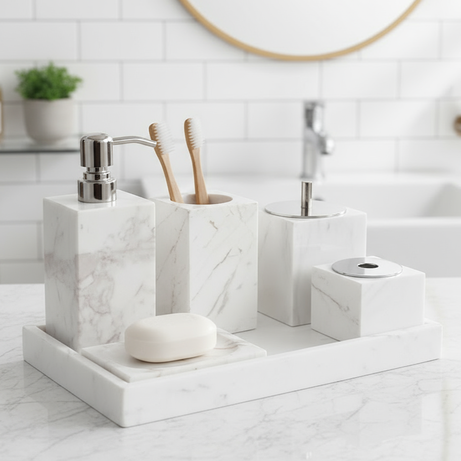 Marble Bathroom Set 6-Piece | Luxury Solid Stone Toiletry Organizer
