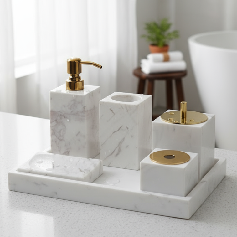 Marble Bathroom Set 6-Piece | Luxury Solid Stone Toiletry Organizer