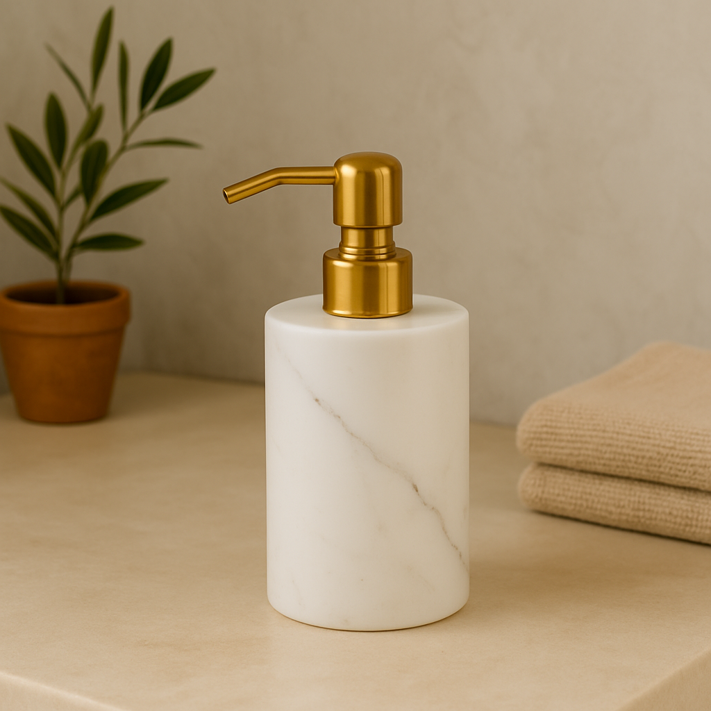 Round Marble Soap Dispenser – Solid Stone with Gold Metal Pump (1kg)