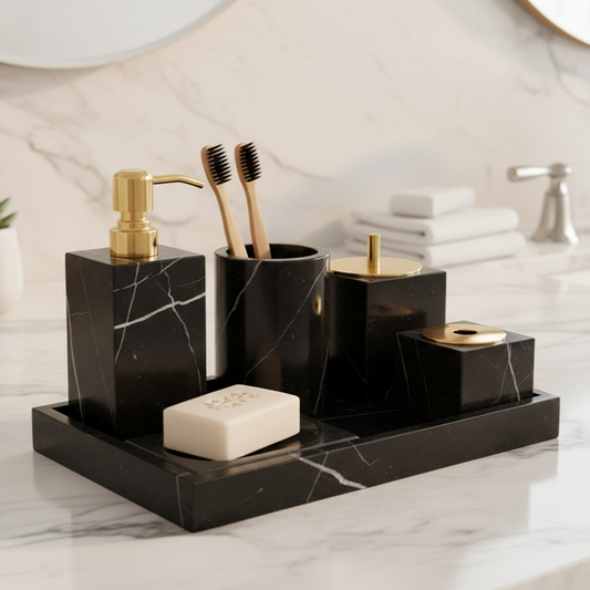 Marble Bathroom Set 6-Piece | Luxury Solid Stone Toiletry Organizer