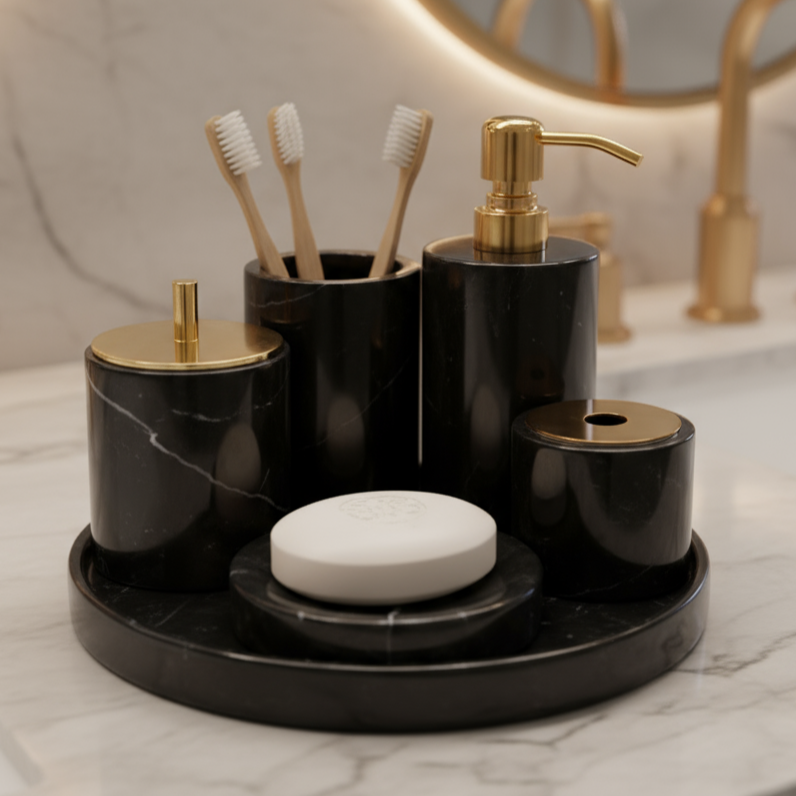 Marble Bathroom Set 6-Piece | Luxury Solid Stone Toiletry Organizer