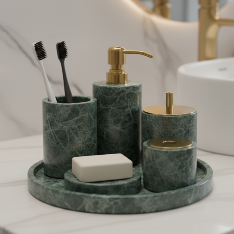 Marble Bathroom Set 6-Piece | Luxury Solid Stone Toiletry Organizer
