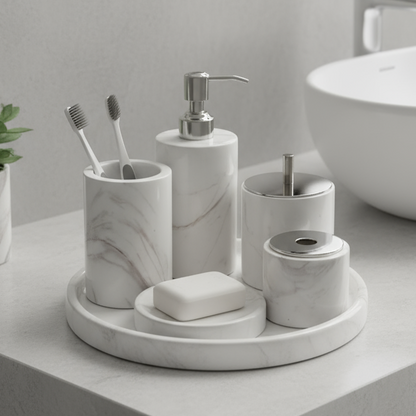 Marble Bathroom Set 6-Piece | Luxury Solid Stone Toiletry Organizer