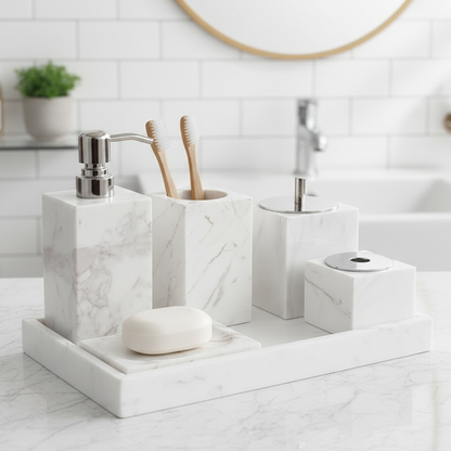 Marble Bathroom Set 6-Piece | Luxury Solid Stone Toiletry Organizer