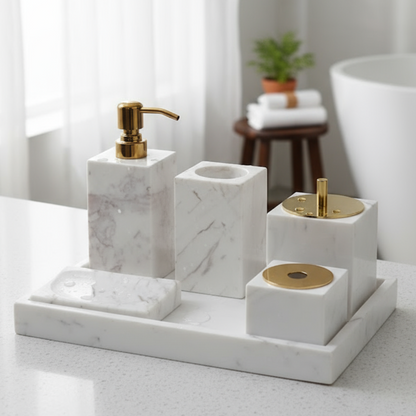 Marble Bathroom Set 6-Piece | Luxury Solid Stone Toiletry Organizer